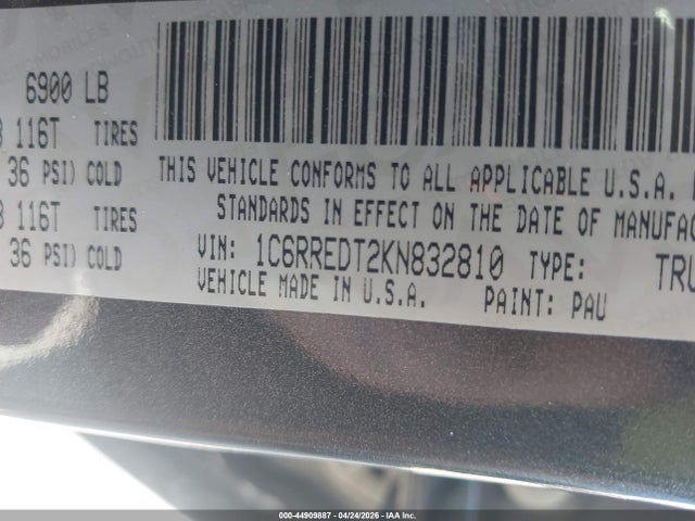 44909887 :رقم المزاد ، 1C6RREDT2KN832810 vin ، 2019 Ram 1500 Laramie  4x2 6'4 Box مزاد بيع