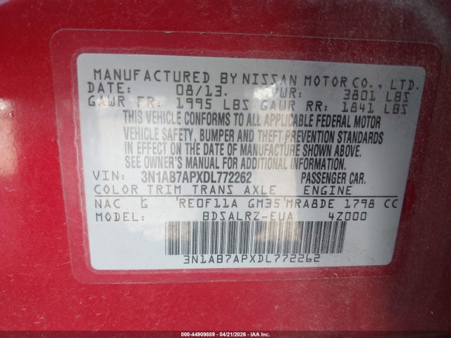 Aukcja sprzedaży 2013 Nissan Sentra Sr, vin: 3N1AB7APXDL772262, numer aukcji: 44909889