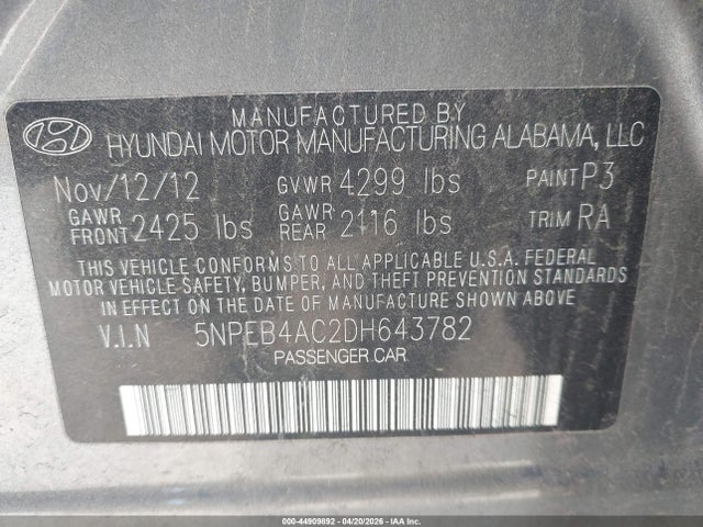 Продаж на аукціоні авто 2013 Hyundai Sonata Gls, vin: 5NPEB4AC2DH643782, номер лоту: 44909892