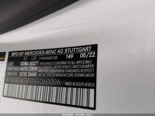 Продажа на аукционе авто 2022 Mercedes-benz C 300 Sedan, vin: W1KAF4GBXNR060006, номер лота: 44909897