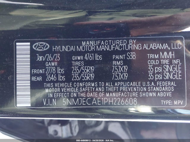 Aukcja sprzedaży 2023 Hyundai Tucson Limited, vin: 5NMJECAE1PH226608, numer aukcji: 44909913