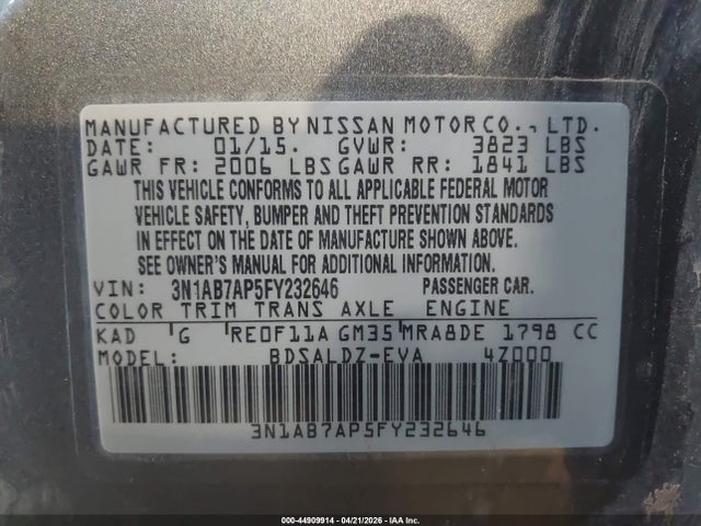 3N1AB7AP5FY232646 Nissan Sentra Fe+ S/s/sl/sr/sv