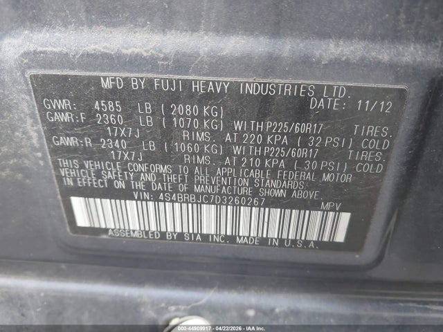 Aukcja sprzedaży 2013 Subaru Outback 2.5i Limited, vin: 4S4BRBJC7D3260267, numer aukcji: 44909917
