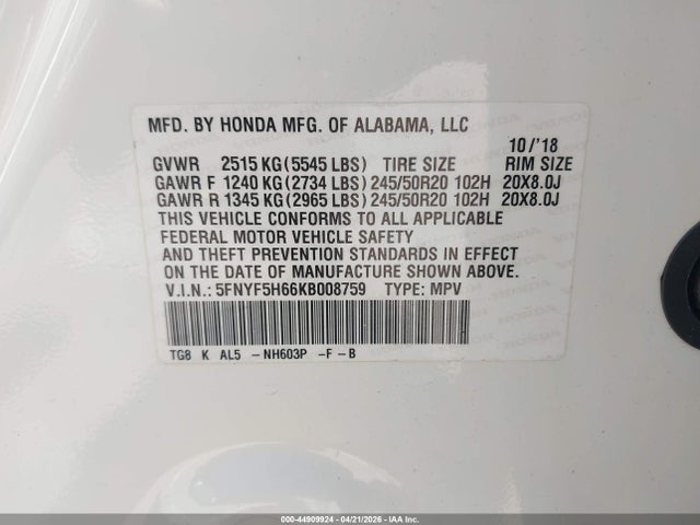 5FNYF5H66KB008759 Honda Pilot Touring