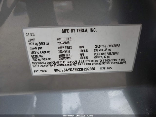 7SAYGAEE3SF292260 Tesla Model Y Long Range Dual Motor All-wheel Drive