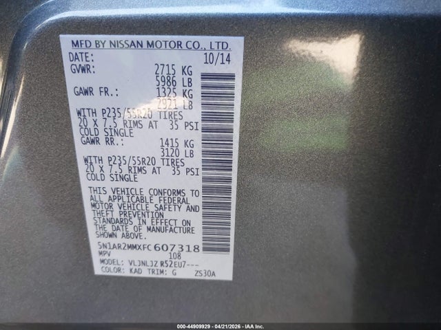 Продажа на аукционе авто 2015 Nissan Pathfinder Platinum, vin: 5N1AR2MMXFC607318, номер лота: 44909929