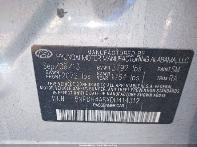 Продажа на аукционе авто 2013 Hyundai Elantra Gls, vin: 5NPDH4AEXDH414312, номер лота: 44909945