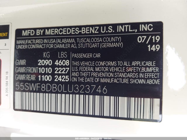 Aukcja sprzedaży 2020 Mercedes-benz C 300, vin: 55SWF8DB0LU323746, numer aukcji: 44909954