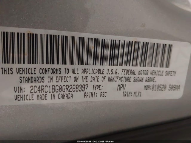 Продажа на аукционе авто 2016 Chrysler Town & Country Touring, vin: 2C4RC1BG0GR268397, номер лота: 44909958