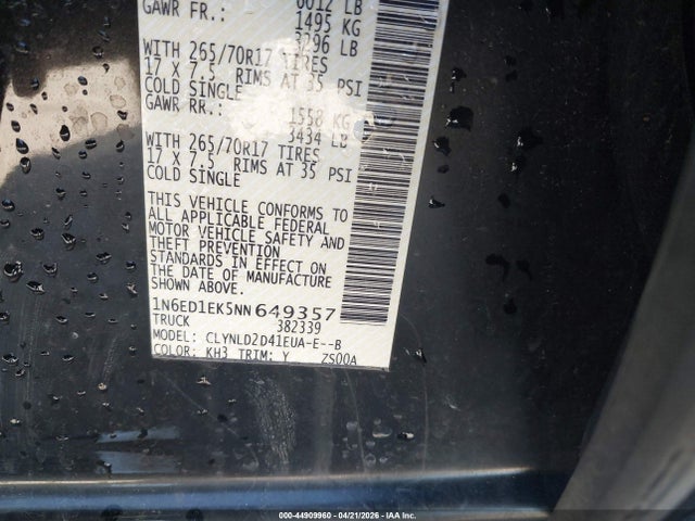 44909960 :رقم المزاد ، 1N6ED1EK5NN649357 vin ، 2022 Nissan Frontier مزاد بيع