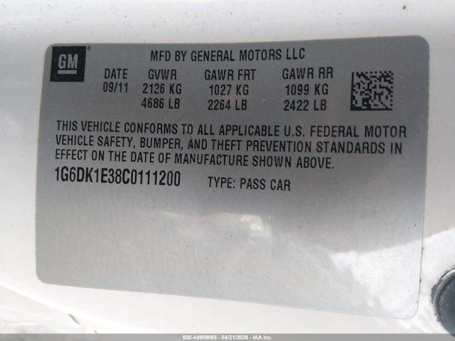 44909968 :رقم المزاد ، 1G6DK1E38C0111200 vin ، 2012 Cadillac Cts Performance مزاد بيع