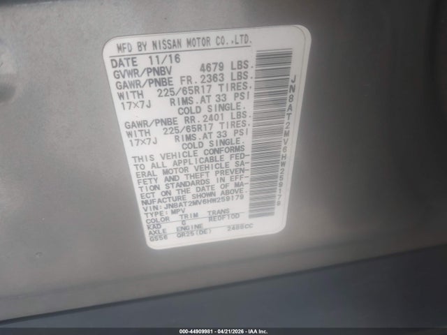 Продажа на аукционе авто 2017 Nissan Rogue S, vin: JN8AT2MV6HW259179, номер лота: 44909981