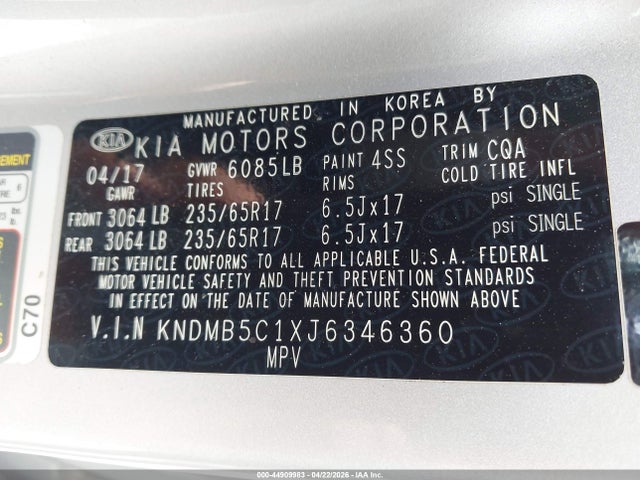Aukcja sprzedaży 2018 Kia Sedona Lx, vin: KNDMB5C1XJ6346360, numer aukcji: 44909983