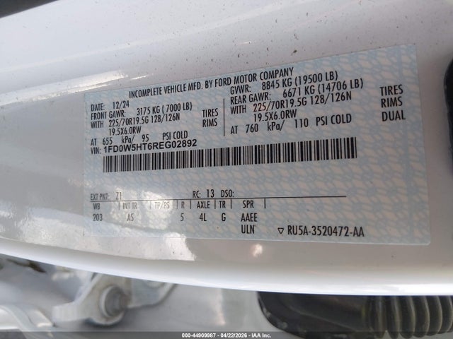 44909987 :رقم المزاد ، 1FD0W5HT6REG02892 vin ، 2024 Ford F-550 Chassis Xl مزاد بيع