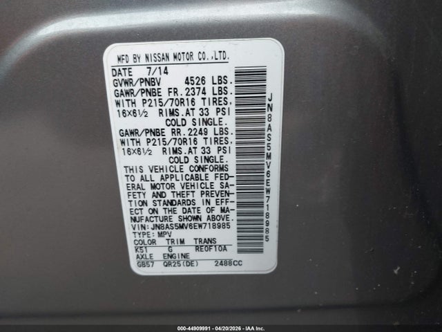 Aukcja sprzedaży 2014 Nissan Rogue Select S, vin: JN8AS5MV6EW718985, numer aukcji: 44909991