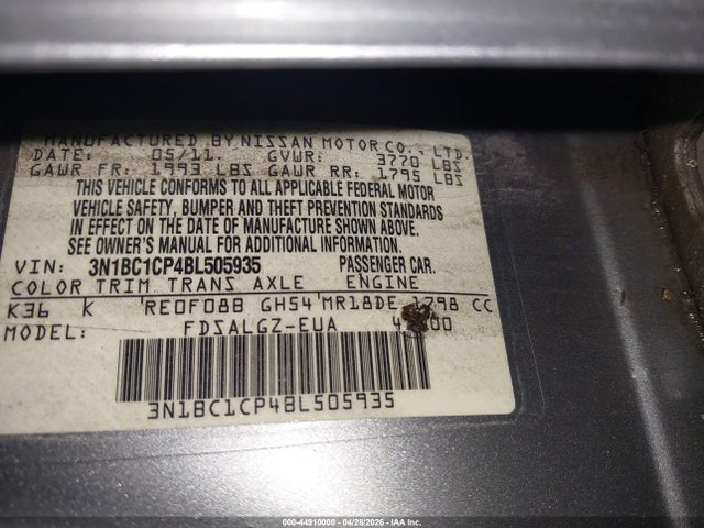 44910000 :رقم المزاد ، 3N1BC1CP4BL505935 vin ، 2011 Nissan Versa 1.8sl مزاد بيع