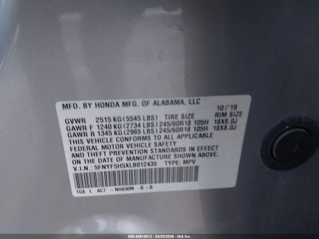 5FNYF5H5XLB012435 Honda Pilot 2wd Ex-l