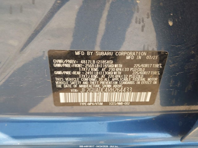 44910017 :رقم المزاد ، JF2GUADC4RH264433 vin ، 2024 Subaru Crosstrek Premium مزاد بيع