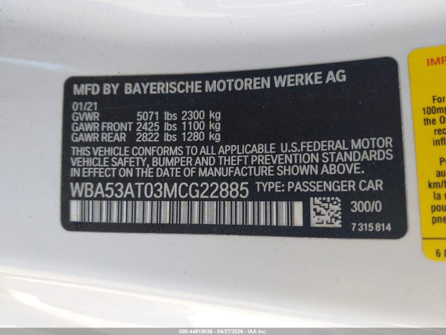 44910036 :رقم المزاد ، WBA53AT03MCG22885 vin ، 2021 Bmw M440i مزاد بيع