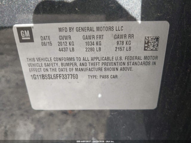 44910037 :رقم المزاد ، 1G11B5SL6FF337760 vin ، 2015 Chevrolet Malibu Ls مزاد بيع