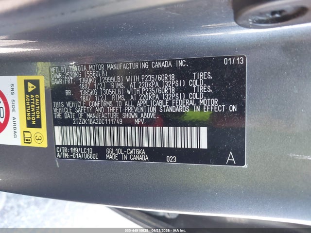 44910039 :رقم المزاد ، 2T2ZK1BA2DC111749 vin ، 2013 Lexus Rx 350 مزاد بيع