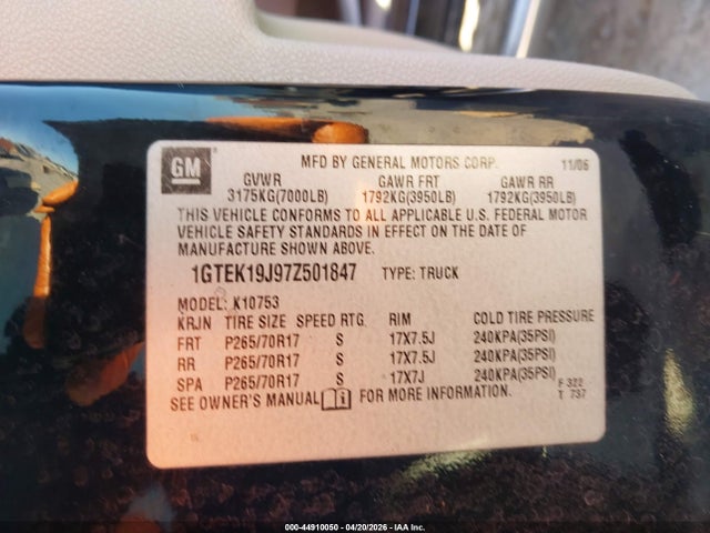 44910050 :رقم المزاد ، 1GTEK19J97Z501847 vin ، 2007 Gmc Sierra 1500 Slt مزاد بيع