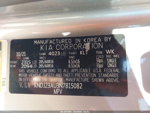 Продажа на аукционе авто 2022 Kia Soul Lx, vin: KNDJ23AU3N7815082, номер лота: 44910058