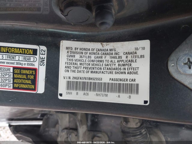 2011 Honda Civic Lx-s მანქანა იყიდება აუქციონზე, vin: 2HGFA1F61BH523553, აუქციონის ნომერი: 44910070