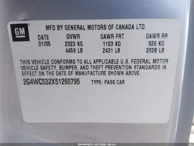 Продаж на аукціоні авто 2005 Buick Lacrosse Cx, vin: 2G4WC532X51260795, номер лоту: 44910076