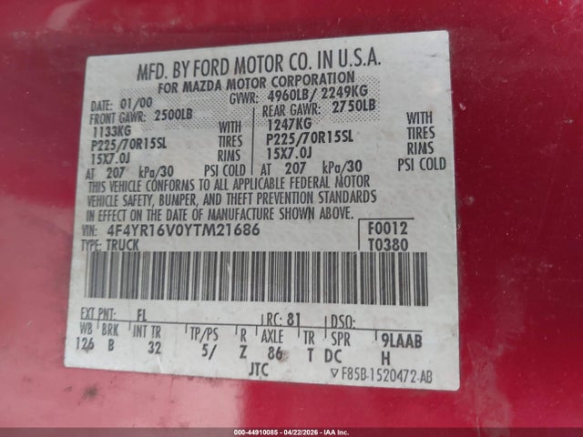 2000 Mazda B3000 Se/tl მანქანა იყიდება აუქციონზე, vin: 4F4YR16V0YTM21686, აუქციონის ნომერი: 44910085