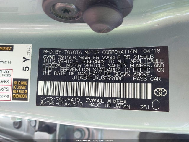 Продажа на аукционе авто 2018 Toyota Prius Two, vin: JTDKBRFUXJ3599880, номер лота: 44910086