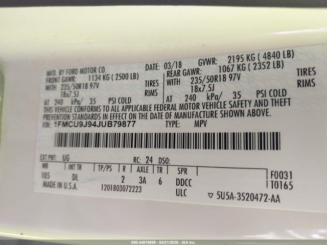Продаж на аукціоні авто 2018 Ford Escape Titanium, vin: 1FMCU9J94JUB79877, номер лоту: 44910096