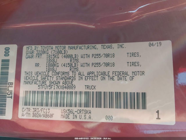 2019 Toyota Tundra Sr5 5.7l V8 მანქანა იყიდება აუქციონზე, vin: 5TFUY5F17KX840889, აუქციონის ნომერი: 44910103