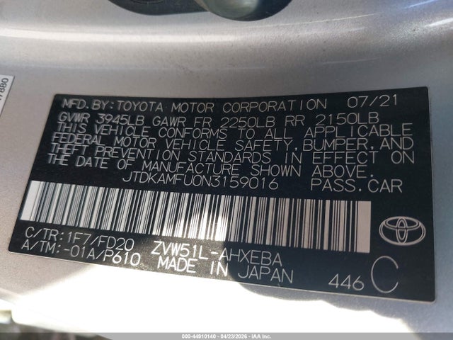 44910140 :رقم المزاد ، JTDKAMFU0N3159016 vin ، 2022 Toyota Prius Le مزاد بيع