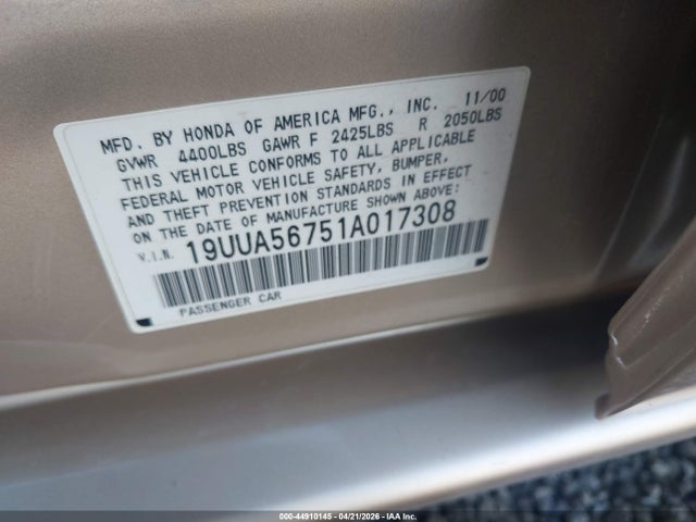 Aukcja sprzedaży 2001 Acura Tl 3.2, vin: 19UUA56751A017308, numer aukcji: 44910145