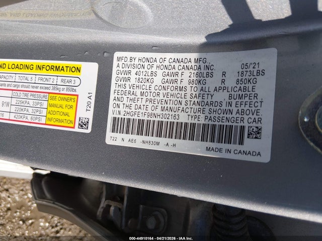 44910164 :رقم المزاد ، 2HGFE1F98NH302163 vin ، 2022 Honda Civic Touring مزاد بيع
