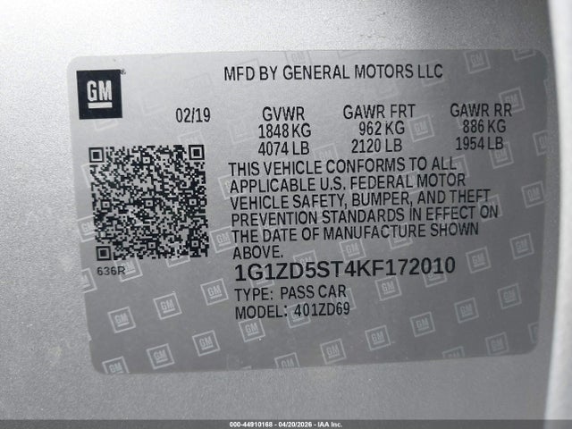 Aukcja sprzedaży 2019 Chevrolet Malibu Lt, vin: 1G1ZD5ST4KF172010, numer aukcji: 44910168