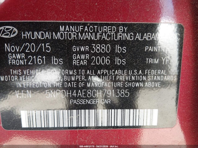 5NPDH4AE8GH791385 Hyundai ELANTRA SE