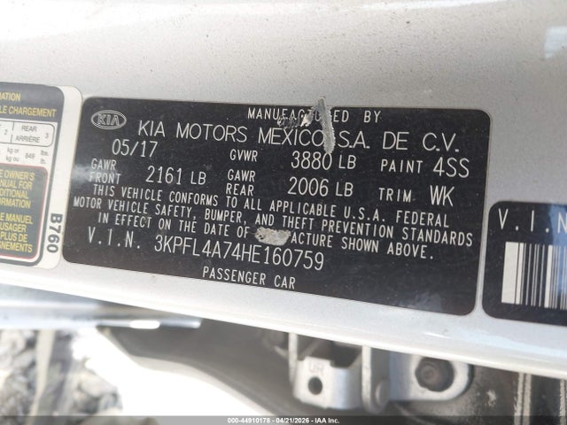 2017 Kia Forte Lx მანქანა იყიდება აუქციონზე, vin: 3KPFL4A74HE160759, აუქციონის ნომერი: 44910178