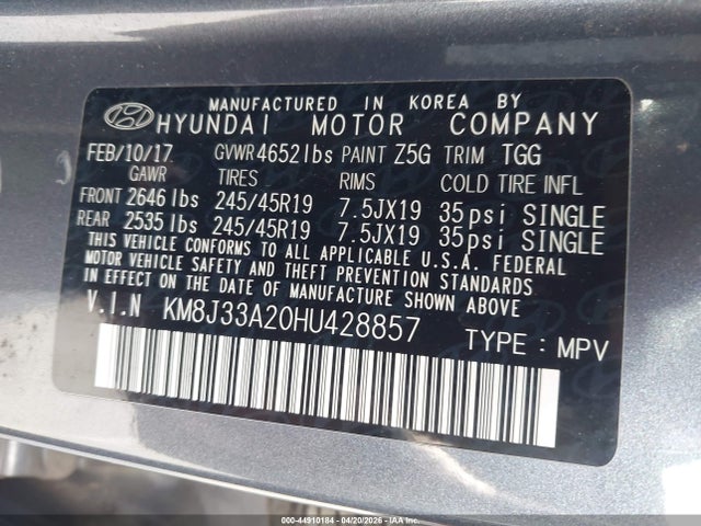 2017 Hyundai Tucson Sport მანქანა იყიდება აუქციონზე, vin: KM8J33A20HU428857, აუქციონის ნომერი: 44910184