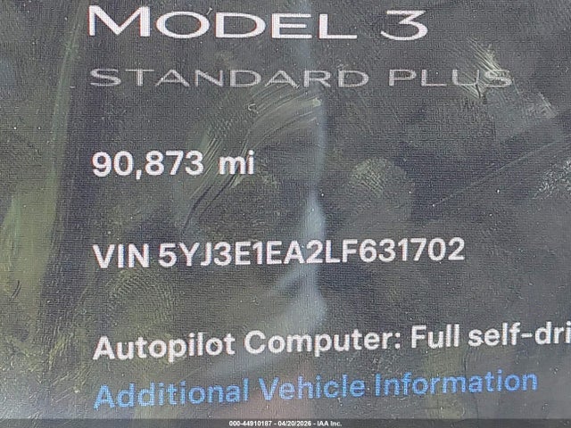 44910187 :رقم المزاد ، 5YJ3E1EA2LF631702 vin ، 2020 Tesla Model 3 مزاد بيع
