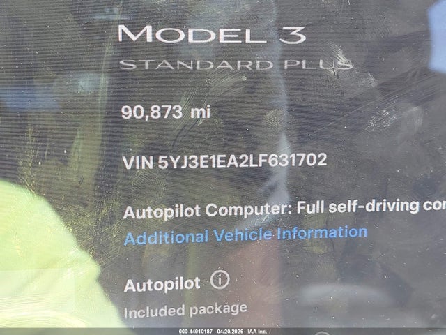 44910187 :رقم المزاد ، 5YJ3E1EA2LF631702 vin ، 2020 Tesla Model 3 مزاد بيع