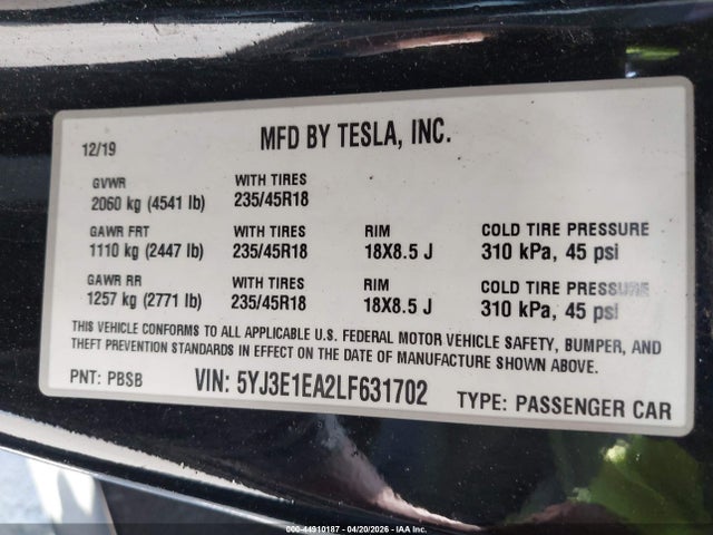 44910187 :رقم المزاد ، 5YJ3E1EA2LF631702 vin ، 2020 Tesla Model 3 مزاد بيع