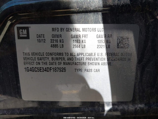 Aukcja sprzedaży 2013 Buick Lacrosse Leather Group, vin: 1G4GC5E34DF187926, numer aukcji: 44910192
