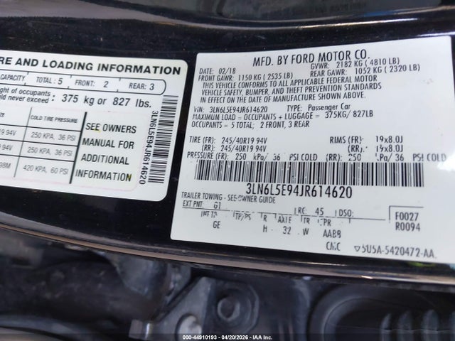 44910193 :رقم المزاد ، 3LN6L5E94JR614620 vin ، 2018 Lincoln Mkz Reserve مزاد بيع