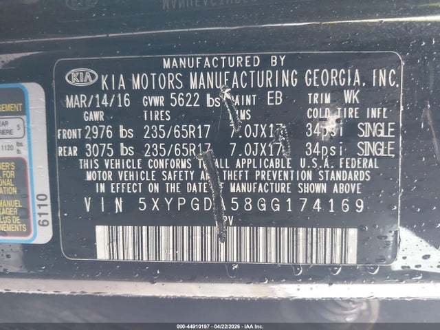 5XYPGDA58GG174169 KIA Sorento 3.3l Lx