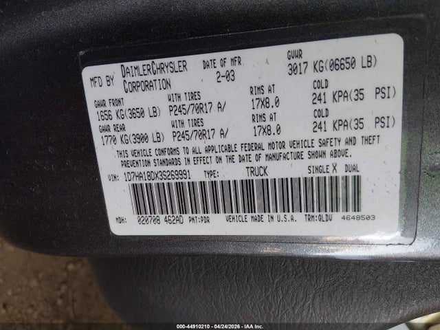 44910210 :رقم المزاد ، 1D7HA18DX3S269991 vin ، 2003 Dodge Ram 1500 Slt/laramie/st مزاد بيع