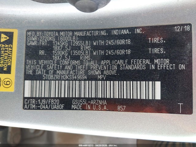 5TDBZRFH2KS949694 Toyota Highlander Le