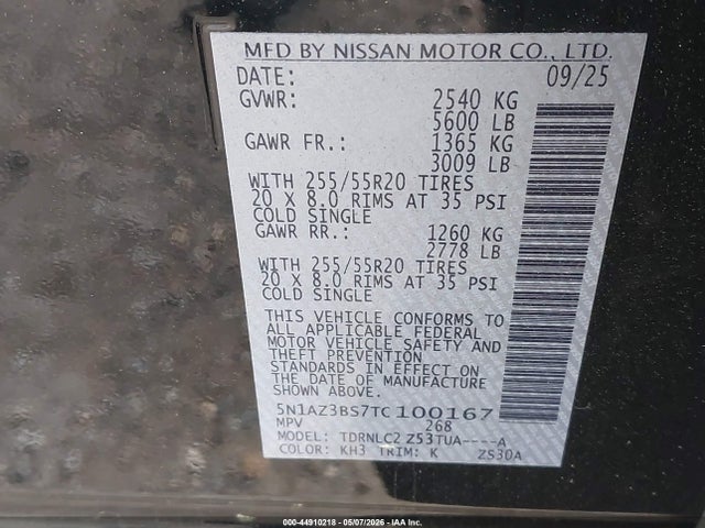 44910218 :رقم المزاد ، 5N1AZ3BS7TC100167 vin ، 2026 Nissan Murano Sv مزاد بيع