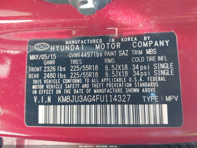 KM8JU3AG4FU114327 Hyundai Tucson Limited